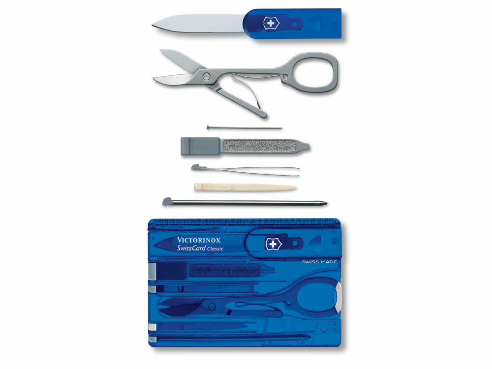 601196&nbsp;7250&nbsp;Швейцарская карточка VICTORINOX SwissCard Classic, 10 функций, полупрозрачная синяя&nbsp;196739