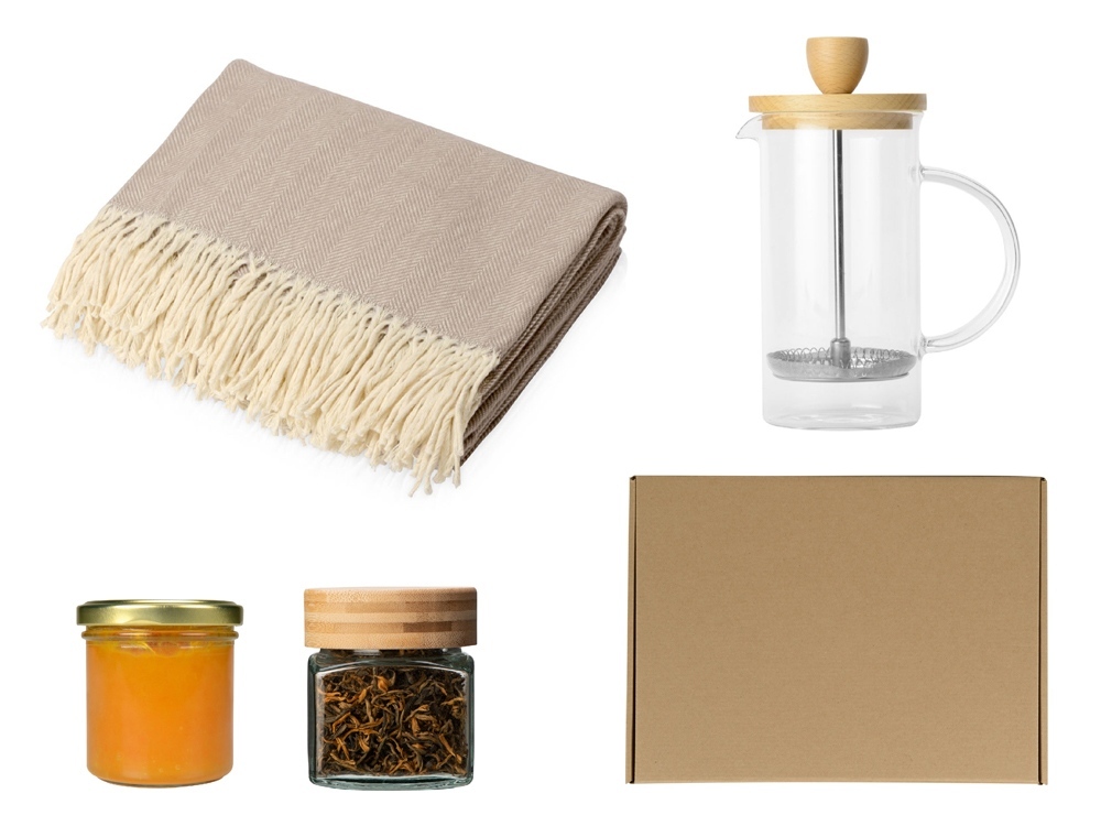 350077.01&nbsp;4076.05&nbsp;Подарочный набор с пледом, френчпрессом, чаем и вареньем, бежевый&nbsp;276137